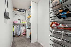 Walk in closet featuring light carpet