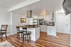 Kitchen with appliances with stainless steel finishes, backsplash, ventilation hood, dark wood-type flooring, and white cabinets