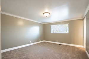 Empty room with carpet flooring and ornamental molding