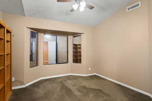 Carpeted empty room with a textured ceiling, ceiling fan, and lofted ceiling