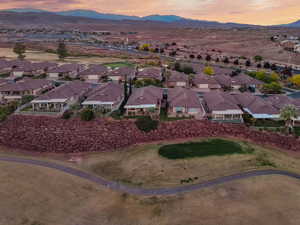 Aerial view at dusk with a mountain view