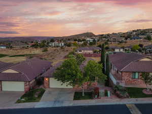 Aerial view at dusk with a mountain view