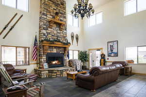 Living room with a high ceiling and plenty of natural light