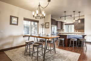 Dining area featuring sink, dark wood-type flooring, a wealth of natural light, and an inviting chandelier