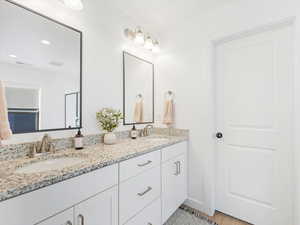 Bathroom featuring wood-type flooring and vanity