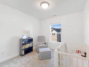 Bedroom with a crib and light carpet