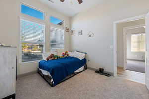 Carpeted bedroom featuring multiple windows and ceiling fan