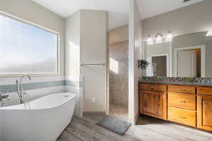 Bathroom with vanity, hardwood / wood-style floors, and plus walk in shower