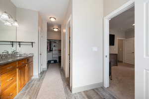 Bathroom featuring wood-type flooring and vanity