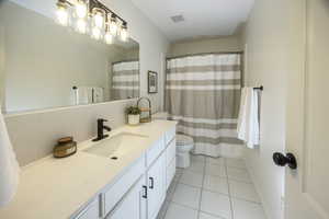 Bathroom with tile patterned floors, vanity, and toilet