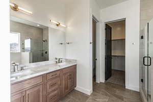 Bathroom featuring vanity and a shower with door