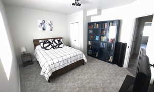 Bedroom with carpet flooring and a closet