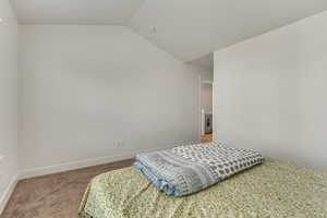 Carpeted bedroom featuring vaulted ceiling