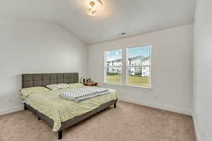 Carpeted bedroom featuring lofted ceiling