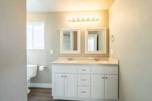 Ensuite bathroom with wood-style floors, vanity, a textured ceiling, and toilet