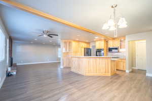 Kitchen with a healthy amount of sunlight, stainless steel appliances, light brown cabinetry, and light hardwood / wood-style flooring