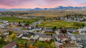 Aerial view at dusk with a mountain view