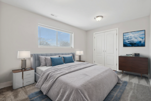 Carpeted bedroom with a closet