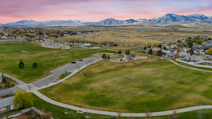 Aerial view at dusk with a mountain view