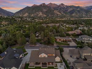 Aerial view at dusk with a mountain view