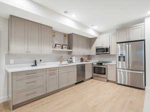 Kitchen featuring appliances with stainless steel finishes, backsplash, gray cabinetry, sink, and light hardwood / wood-style flooring