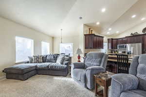 Living room with sink, high vaulted ceiling, light colored carpet, and a textured ceiling