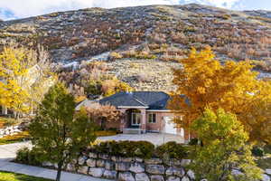 Aerial view featuring a mountain view