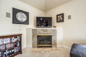 Room details with carpet flooring and a tiled fireplace