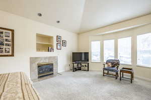 Living room with carpet flooring, vaulted ceiling, a wealth of natural light, and a premium fireplace