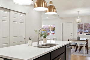 Kitchen with light stone countertops, sink, hanging light fixtures, an island with sink, and light hardwood / wood-style floors