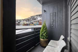 View of balcony at dusk