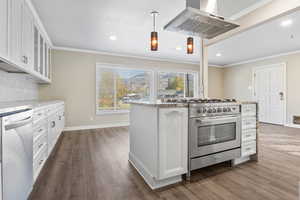 Kitchen with hanging light fixtures, range hood, hardwood / wood-style floors, white cabinets, and appliances with stainless steel finishes