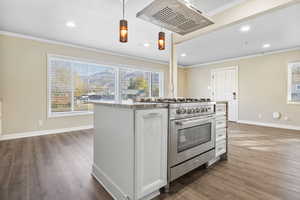 Kitchen with high end range, crown molding, hardwood / wood-style floors, white cabinetry, and hanging light fixtures