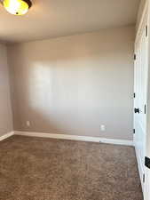 Carpeted empty room with a textured ceiling