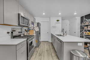 Kitchen with gray cabinetry, sink, stainless steel appliances, and light wood-type flooring