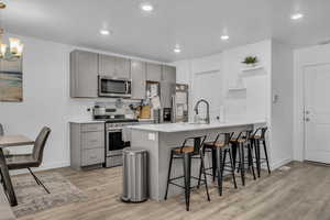 Kitchen featuring gray cabinetry, sink, hanging light fixtures, kitchen peninsula, and stainless steel appliances