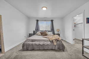 Bedroom with carpet, a walk in closet, and a closet