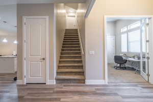 Stairs with hardwood / wood-style flooring