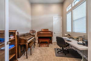 Office space featuring light carpet and a wealth of natural light