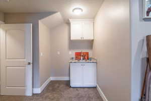 Laundry room with sink, light colored carpet, and a textured ceiling