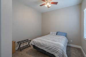 Bedroom featuring carpet, multiple windows, and ceiling fan