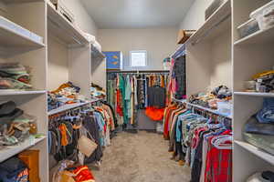 Walk in closet with light colored carpet