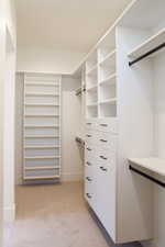 Walk in closet with light carpet