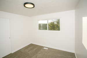 Empty room with carpet flooring and a textured ceiling