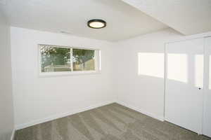 Carpeted spare room with a textured ceiling