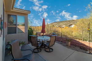 View of patio featuring a mountain view