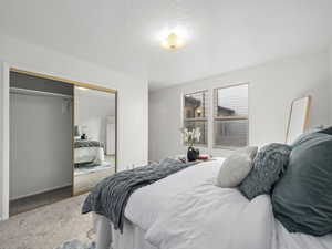 Carpeted bedroom featuring a closet and a textured ceiling