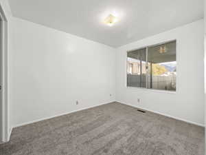 Carpeted spare room with a textured ceiling