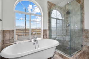 Bathroom featuring shower with separate bathtub