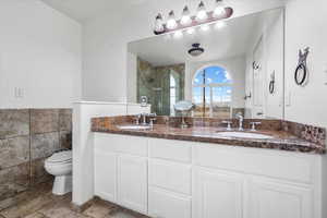 Bathroom with vanity, a shower with shower door, tile walls, and toilet